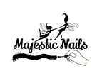 Logo for 'Majestic Nails' with a hand holding a nail polish brush and fairies on a light green background.